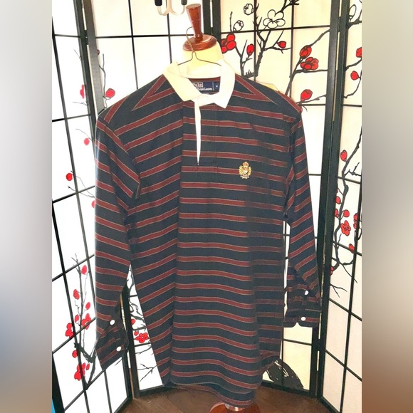 Ralph Lauren Polo Vintage Medium Long Sleeve Maroon Navy Gold Stripe Shirt - Picture 1 of 14